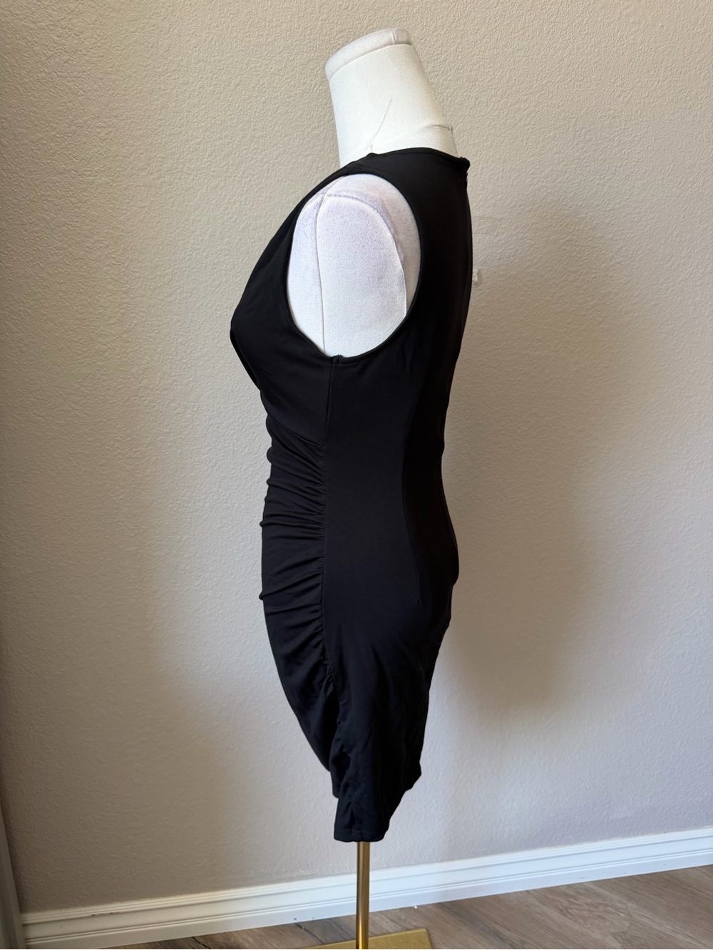 NWOT Classic Black V-Neck Ruched Mini Dress, Small - Picture 4 of 8